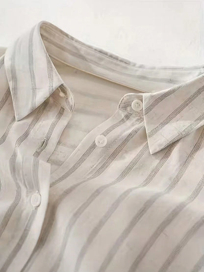 Women's Casual Fashion Summer Striped Polyester Shirt With Button Front Collar, Short Sleeve Batwing Design And Regular Length With Front Short White