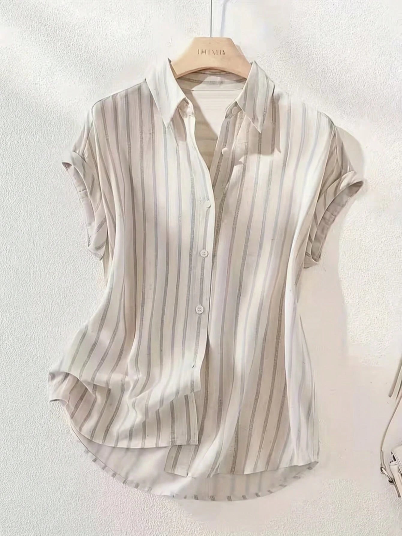 Women's Casual Fashion Summer Striped Polyester Shirt With Button Front Collar, Short Sleeve Batwing Design And Regular Length With Front Short White