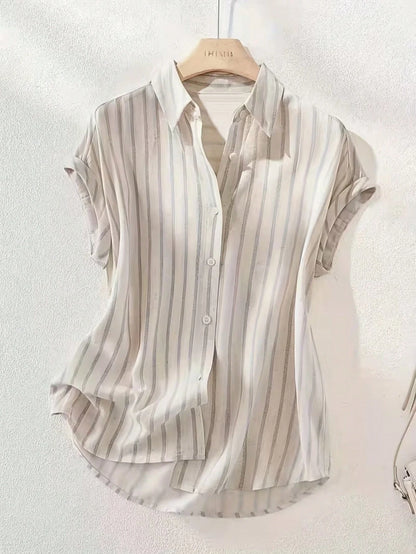 Women's Casual Fashion Summer Striped Polyester Shirt With Button Front Collar, Short Sleeve Batwing Design And Regular Length With Front Short White