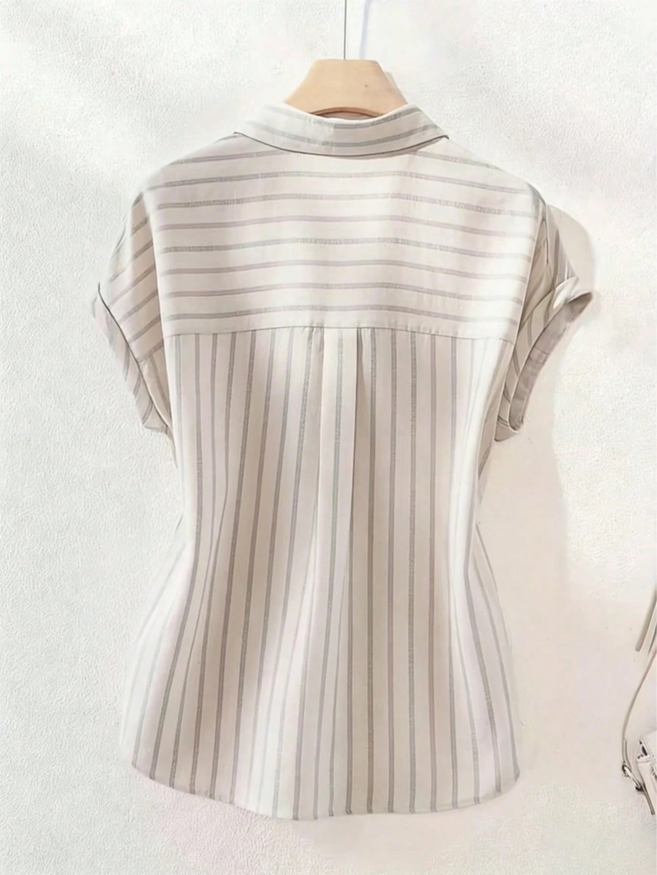 Women's Casual Fashion Summer Striped Polyester Shirt With Button Front Collar, Short Sleeve Batwing Design And Regular Length With Front Short White