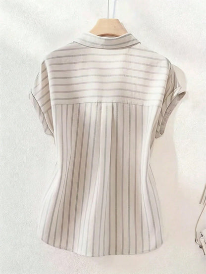 Women's Casual Fashion Summer Striped Polyester Shirt With Button Front Collar, Short Sleeve Batwing Design And Regular Length With Front Short White