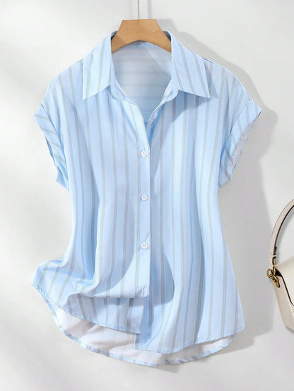 Women's Casual Fashion Summer Striped Polyester Shirt With Button Front Collar, Short Sleeve Batwing Design And Regular Length With Front Short White