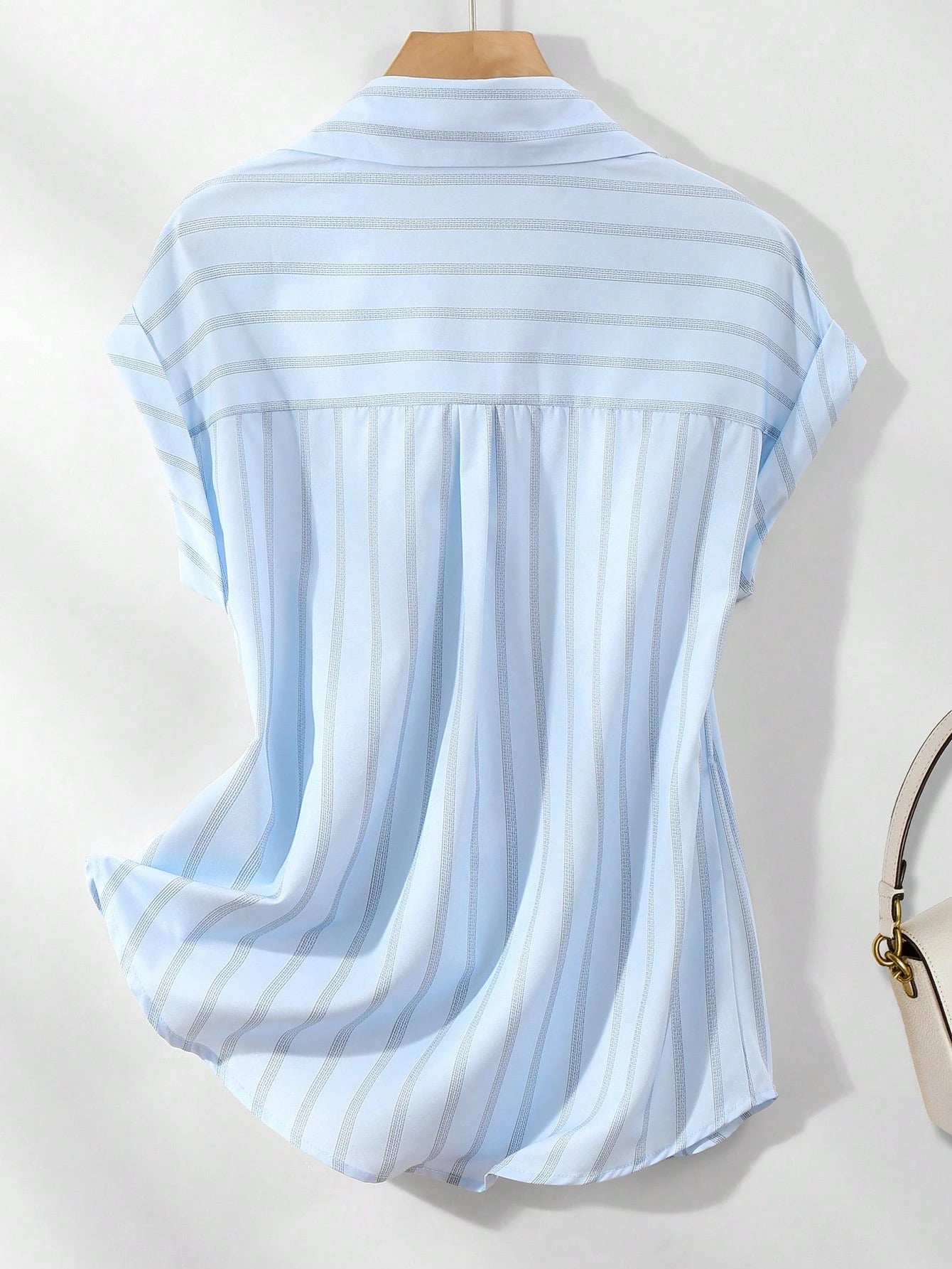 Women's Casual Fashion Summer Striped Polyester Shirt With Button Front Collar, Short Sleeve Batwing Design And Regular Length With Front Short White