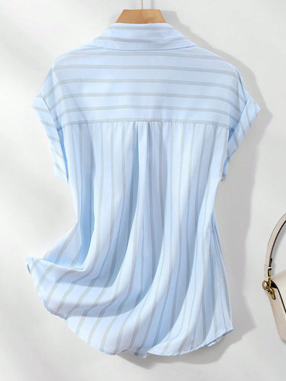 Women's Casual Fashion Summer Striped Polyester Shirt With Button Front Collar, Short Sleeve Batwing Design And Regular Length With Front Short White