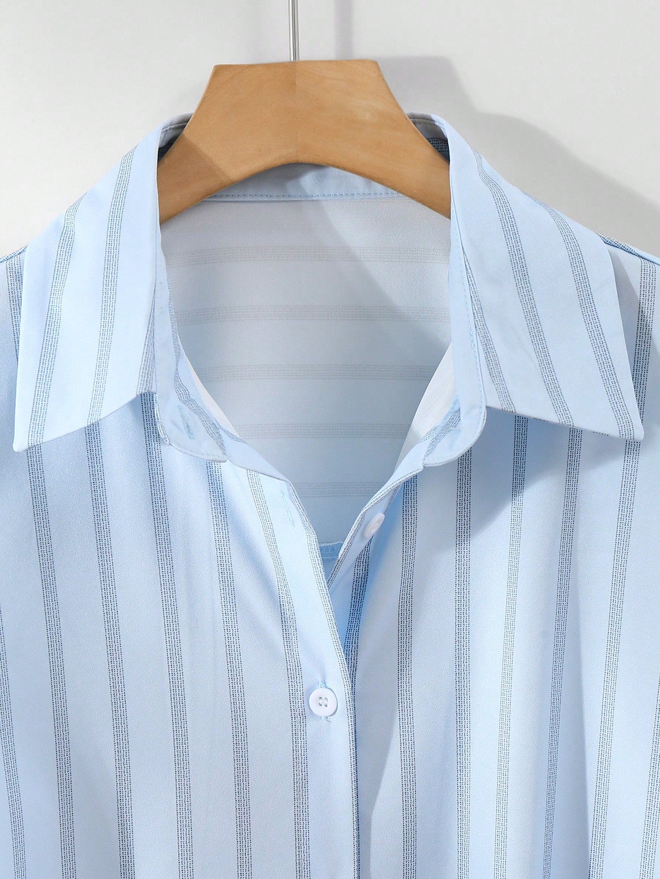 Women's Casual Fashion Summer Striped Polyester Shirt With Button Front Collar, Short Sleeve Batwing Design And Regular Length With Front Short White