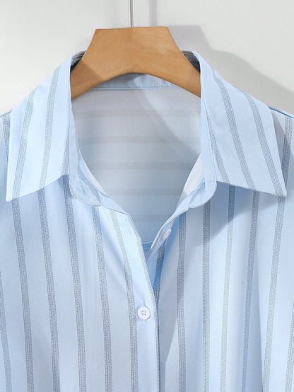 Women's Casual Fashion Summer Striped Polyester Shirt With Button Front Collar, Short Sleeve Batwing Design And Regular Length With Front Short White