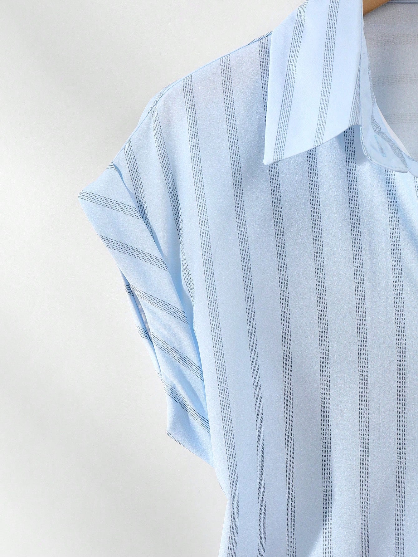 Women's Casual Fashion Summer Striped Polyester Shirt With Button Front Collar, Short Sleeve Batwing Design And Regular Length With Front Short White