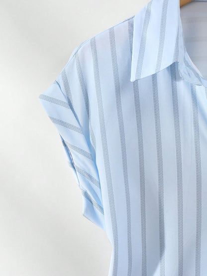 Women's Casual Fashion Summer Striped Polyester Shirt With Button Front Collar, Short Sleeve Batwing Design And Regular Length With Front Short White