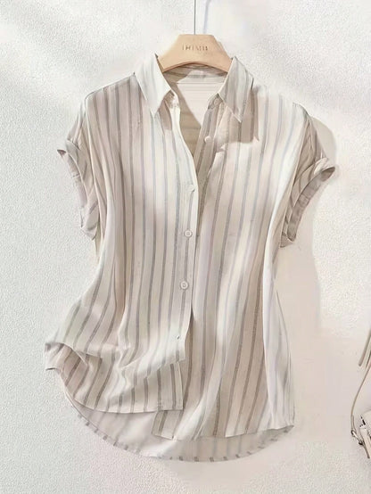 Women's Casual Fashion Summer Striped Polyester Shirt With Button Front Collar, Short Sleeve Batwing Design And Regular Length With Front Short White