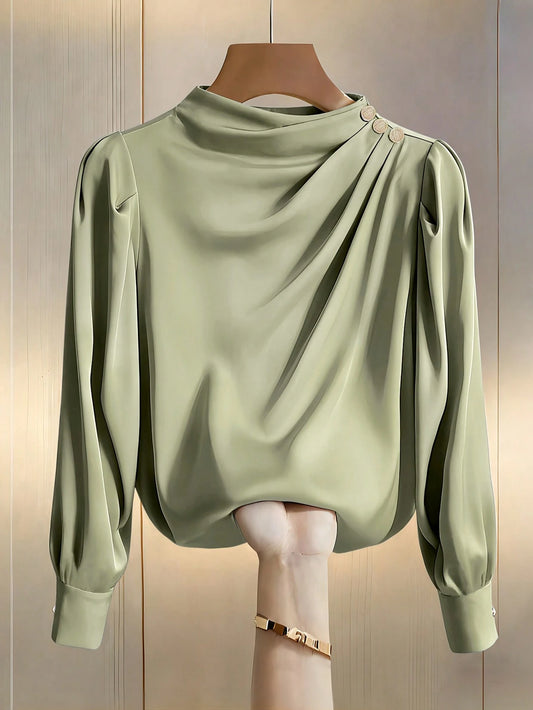 Women's Casual Lightweight Commuter Shirt With Mandarin Collar, Pleated Design, And Princess Sleeves, Suitable For Spring And Autumn