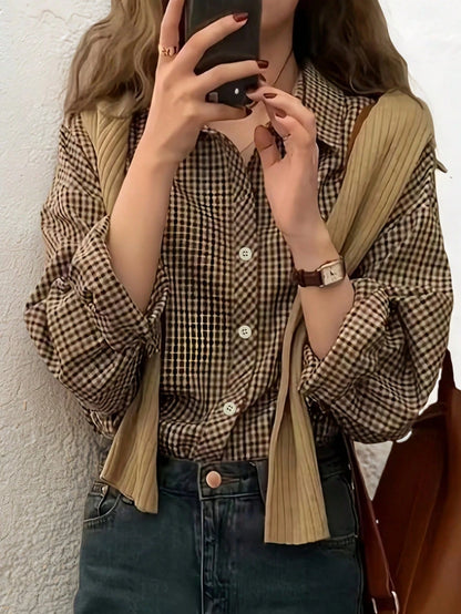 Women's Casual Plaid Long Sleeve Shirt, Button Front Dropped Shoulder Blouse Top, Regular Fit Woven Fabric, Suitable For All Seasons Spring Brown