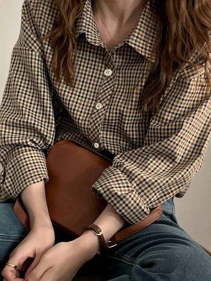 Women's Casual Plaid Long Sleeve Shirt, Button Front Dropped Shoulder Blouse Top, Regular Fit Woven Fabric, Suitable For All Seasons Spring Brown