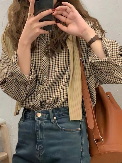 Women's Casual Plaid Long Sleeve Shirt, Button Front Dropped Shoulder Blouse Top, Regular Fit Woven Fabric, Suitable For All Seasons Spring Brown