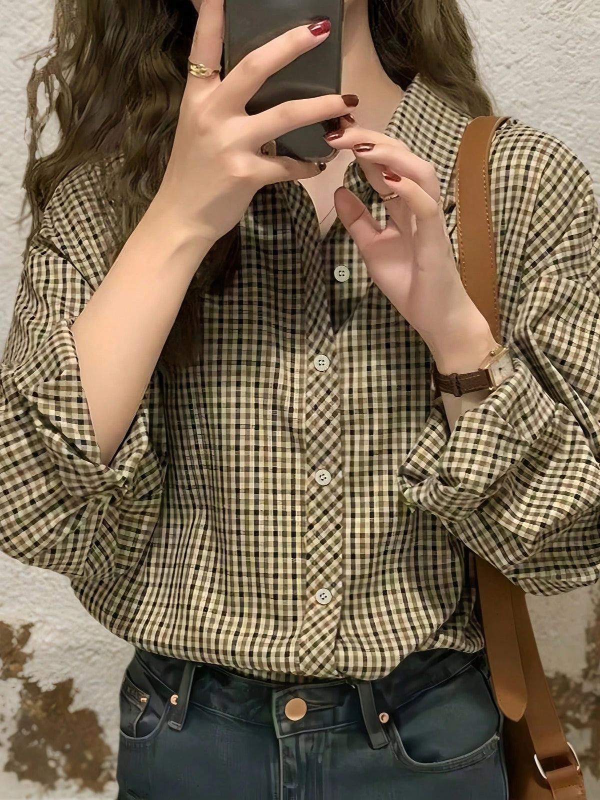 Women's Casual Plaid Long Sleeve Shirt, Button Front Dropped Shoulder Blouse Top, Regular Fit Woven Fabric, Suitable For All Seasons Spring Brown