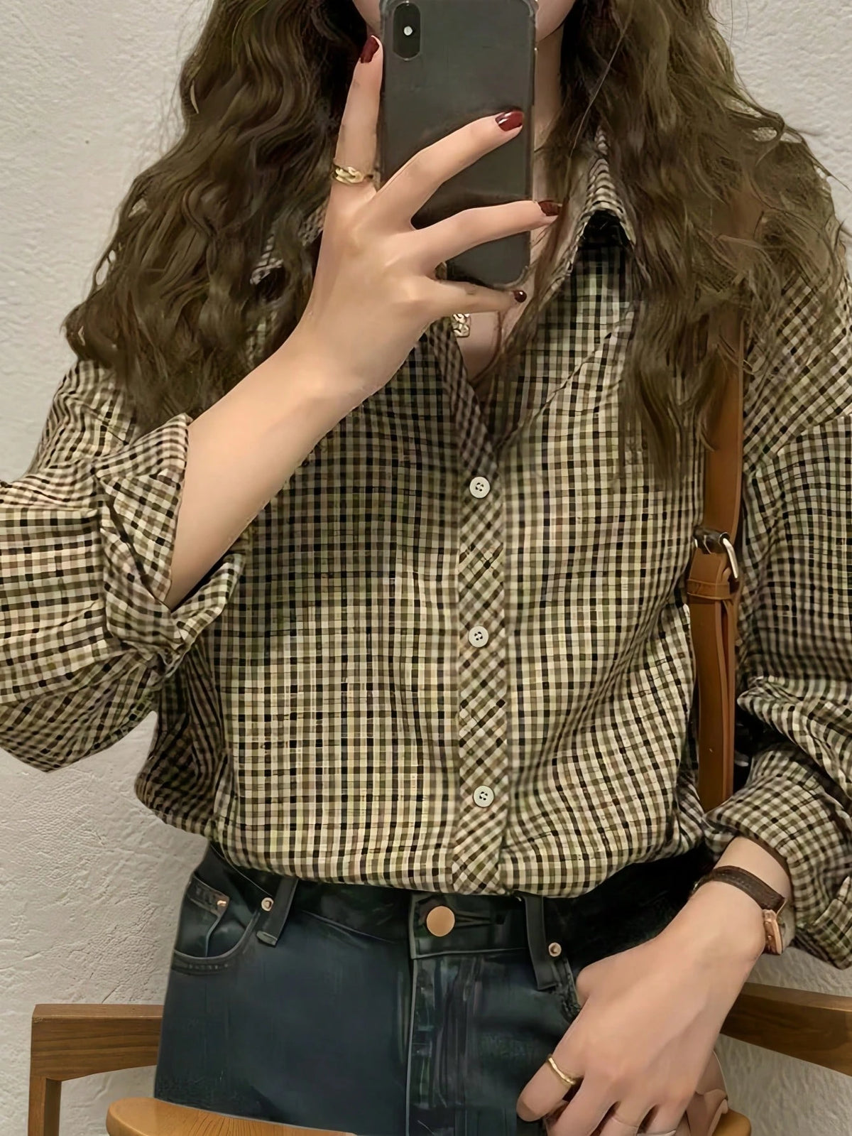 Women's Casual Plaid Long Sleeve Shirt, Button Front Dropped Shoulder Blouse Top, Regular Fit Woven Fabric, Suitable For All Seasons Spring Brown
