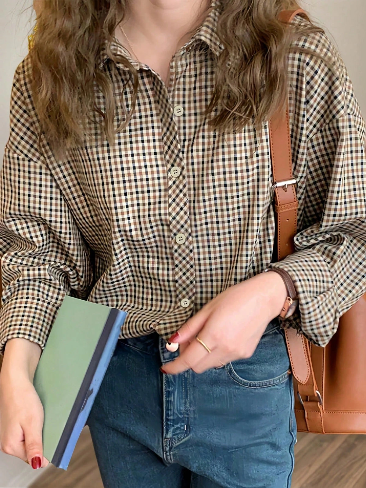 Women's Casual Plaid Long Sleeve Shirt, Button Front Dropped Shoulder Blouse Top, Regular Fit Woven Fabric, Suitable For All Seasons Spring Brown