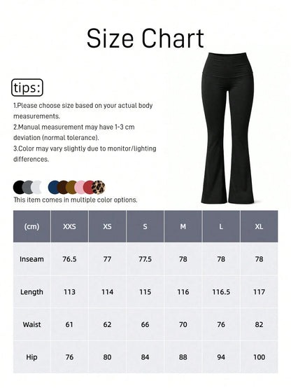 Women's Casual Solid Color Wide-Waist Flare Pants, Leggings Fold-Over Waist High Waist Ruched Slim Fit
