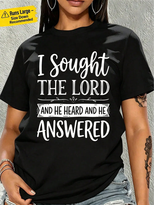 Women's Christian Faith "I Sought The Lord And He Heard And He Answered" Letter Print Oversized Crew Neck Short Sleeve Casual Religious T-Shirt