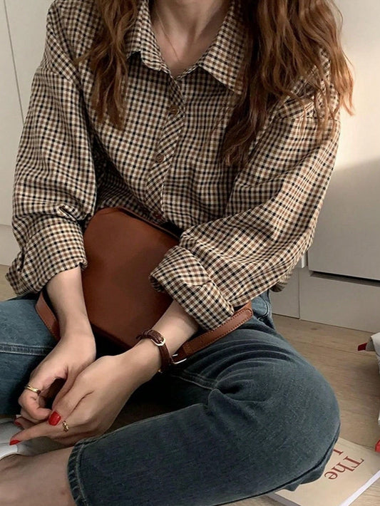 Women's Classic Plaid Shirt, With Collar, Drop Shoulder Sleeves And Button Details, Regular Fit Spring Vacation
