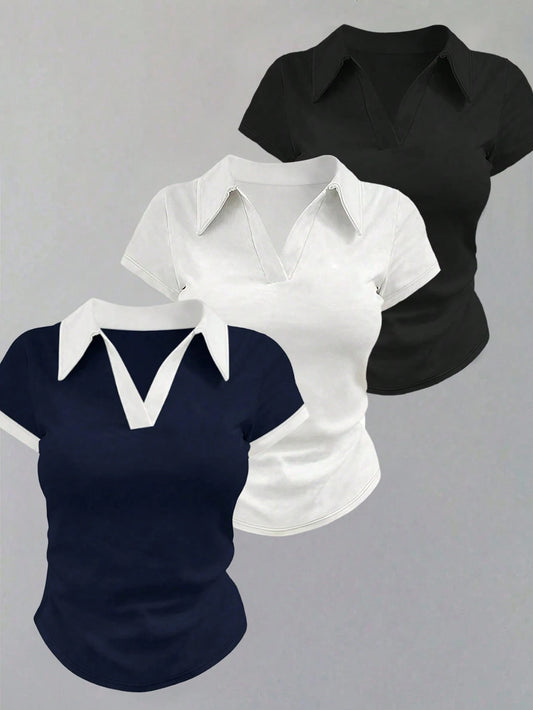 Women's Collared Short Sleeve Pleated Casual Versatile T-Shirt