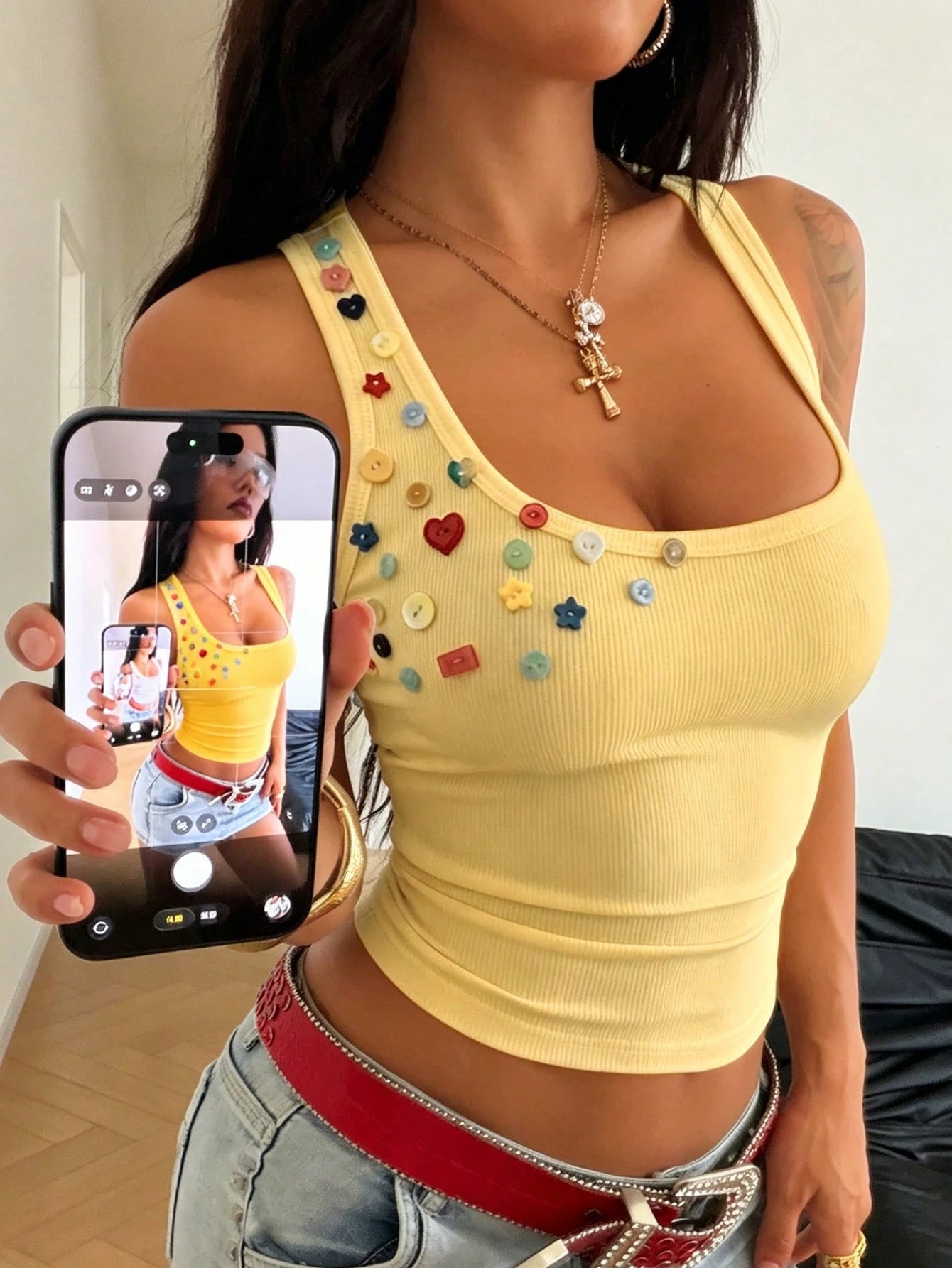 Women's Colorful Button Decor Y2K Sleeveless Tank Top, Vacation,Vacation Outfits Women,Beach Outfits