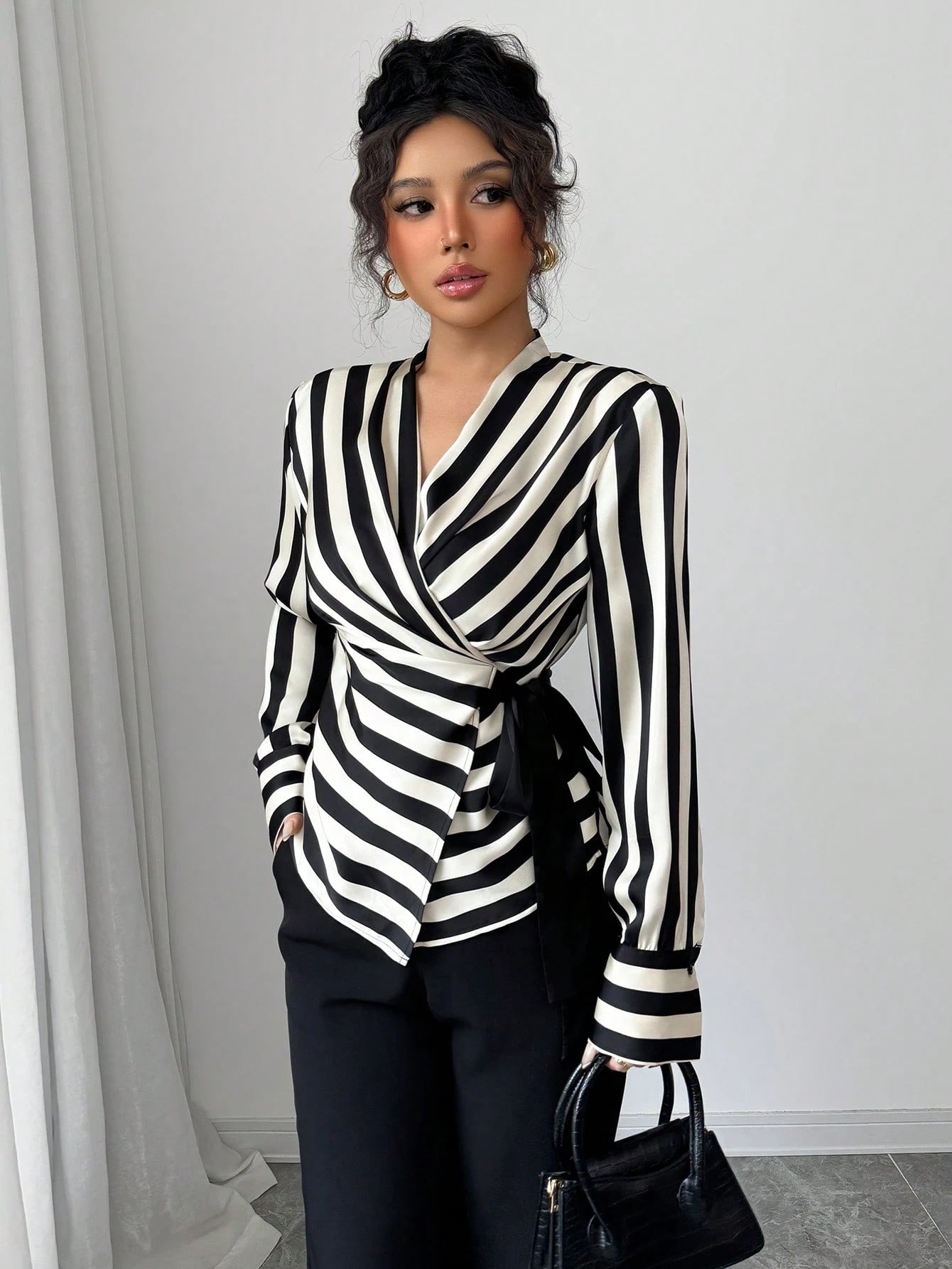 Women's Elegant Black White Striped Wrap Blouse, Tie Side Long Sleeve Top For Office Going Out Party Casual