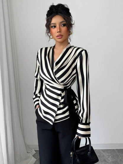 Women's Elegant Black White Striped Wrap Blouse, Tie Side Long Sleeve Top For Office Going Out Party Casual
