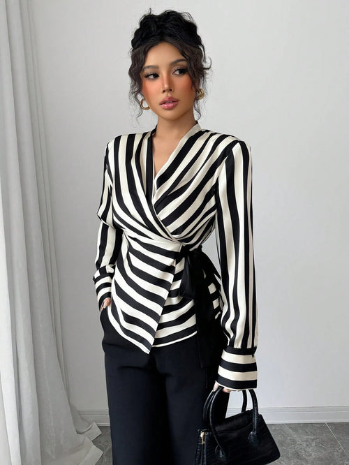 Women's Elegant Black White Striped Wrap Blouse, Tie Side Long Sleeve Top For Office Going Out Party Casual
