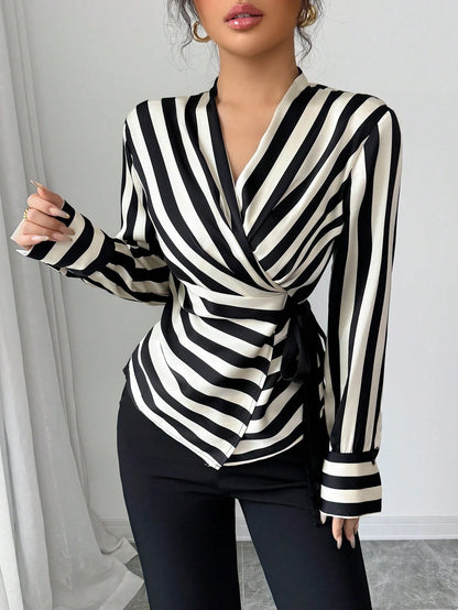 Women's Elegant Black White Striped Wrap Blouse, Tie Side Long Sleeve Top For Office Going Out Party Casual