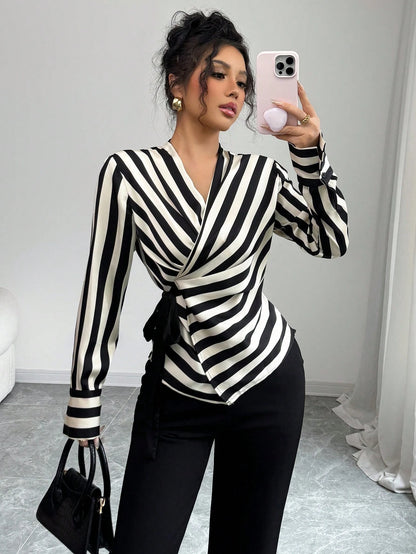 Women's Elegant Black White Striped Wrap Blouse, Tie Side Long Sleeve Top For Office Going Out Party Casual