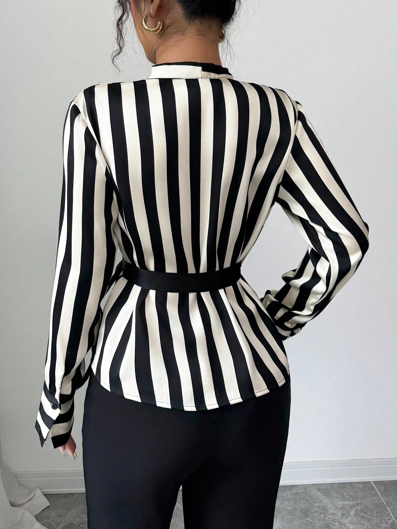 Women's Elegant Black White Striped Wrap Blouse, Tie Side Long Sleeve Top For Office Going Out Party Casual