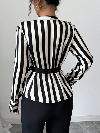 Women's Elegant Black White Striped Wrap Blouse, Tie Side Long Sleeve Top For Office Going Out Party Casual