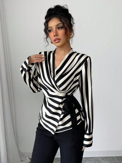 Women's Elegant Black White Striped Wrap Blouse, Tie Side Long Sleeve Top For Office Going Out Party Casual