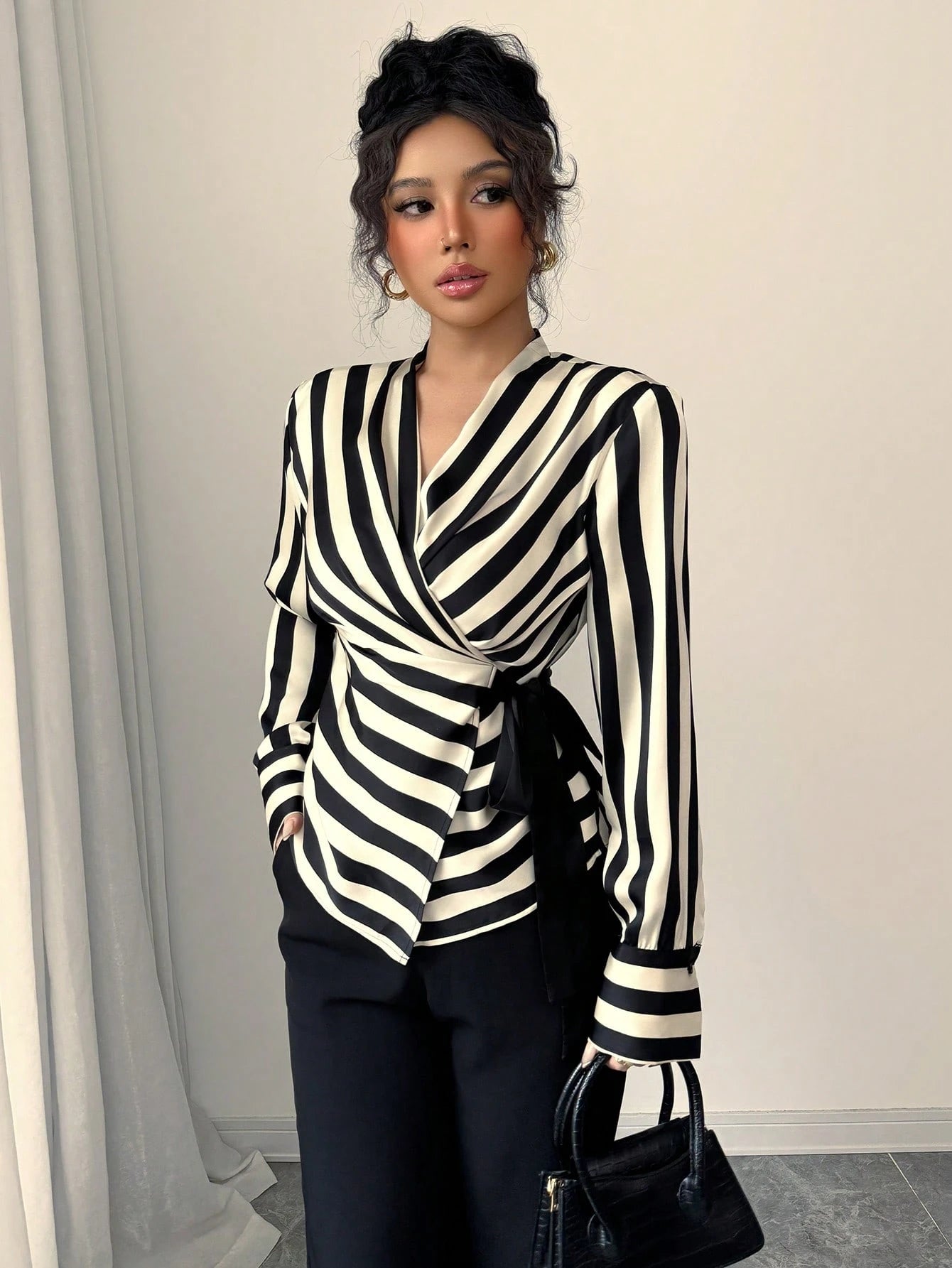 Women's Elegant Black White Striped Wrap Blouse, Tie Side Long Sleeve Top For Office Going Out Party Casual