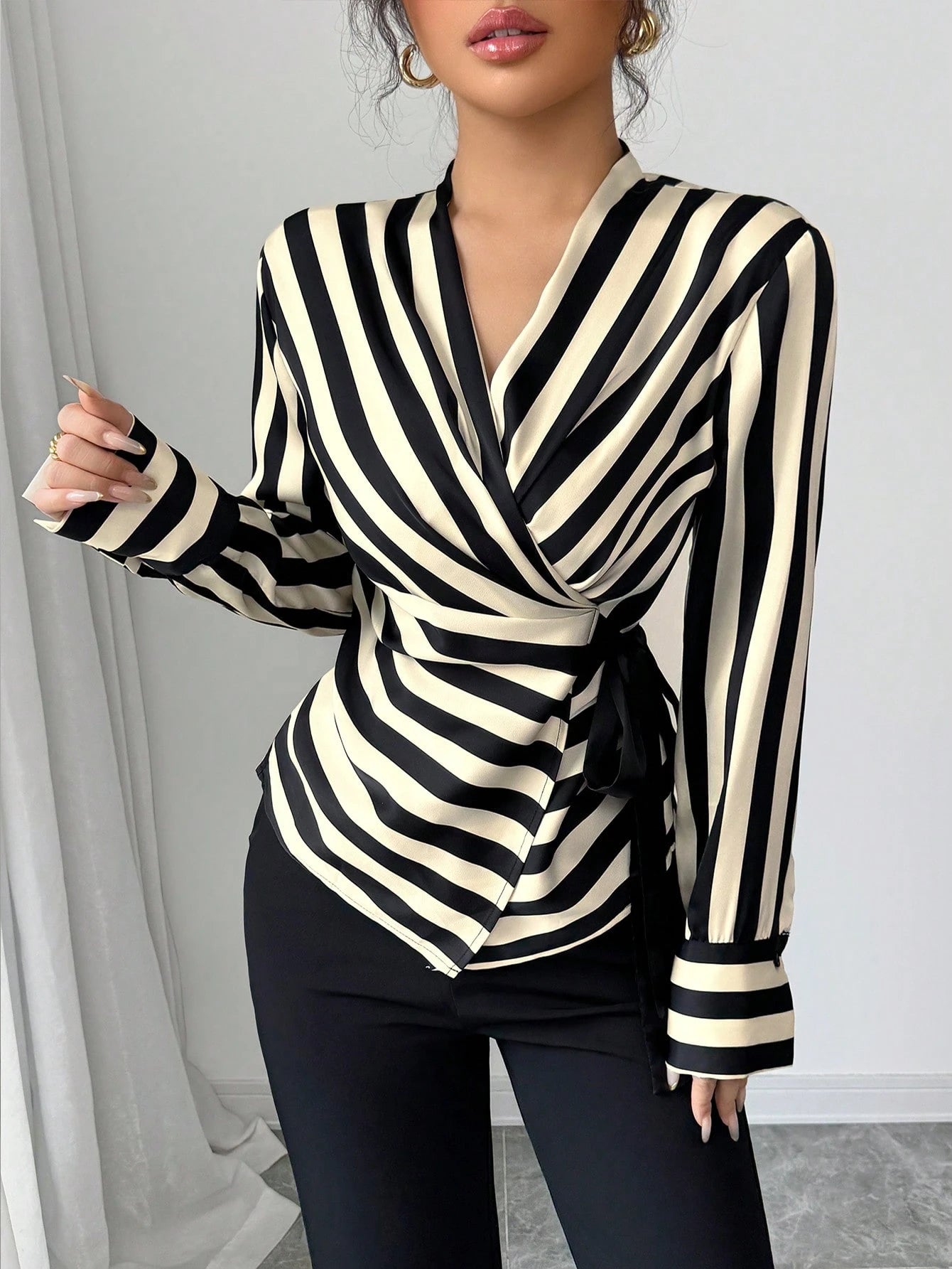 Women's Elegant Black White Striped Wrap Blouse, Tie Side Long Sleeve Top For Office Going Out Party Casual