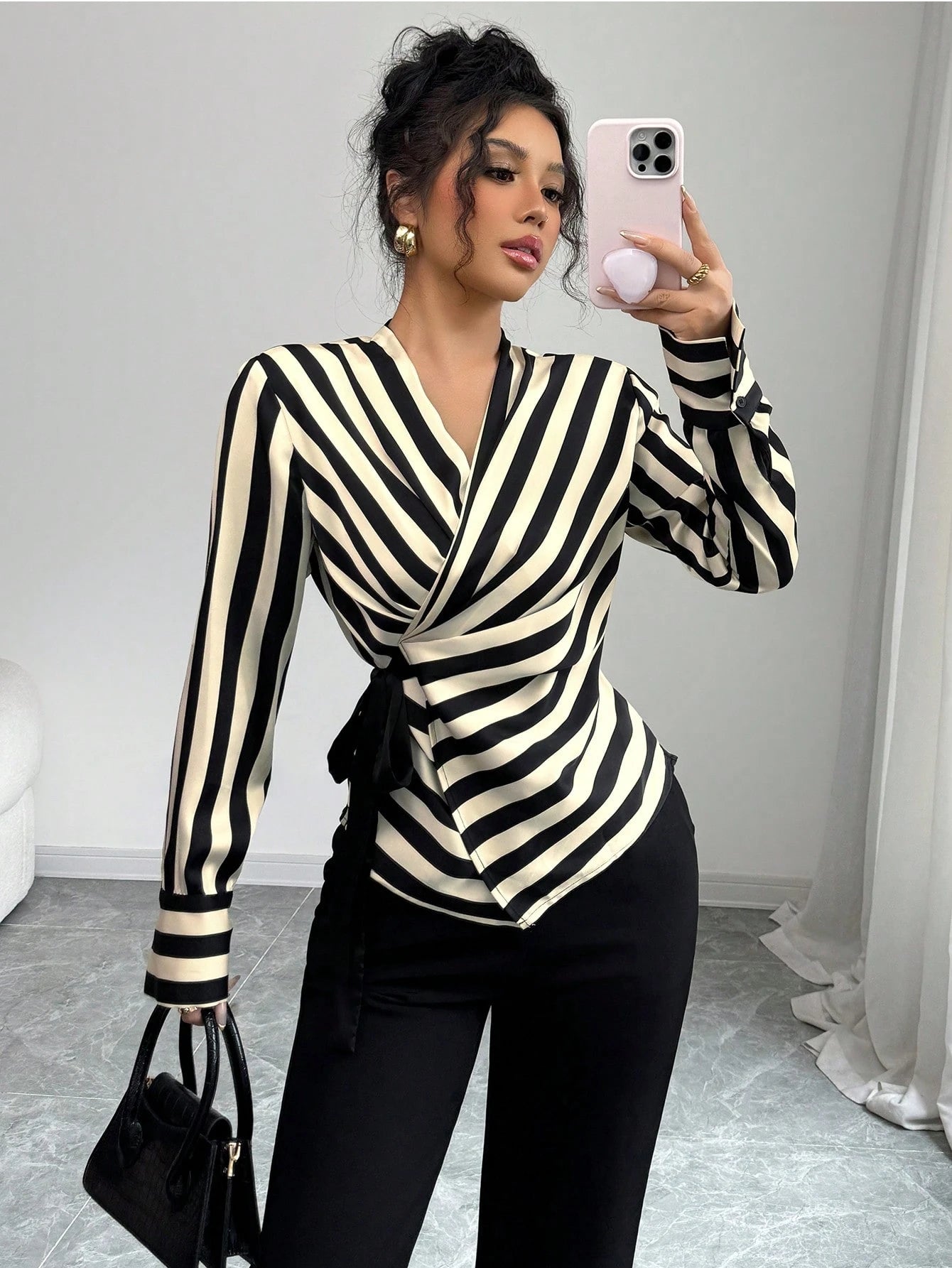 Women's Elegant Black White Striped Wrap Blouse, Tie Side Long Sleeve Top For Office Going Out Party Casual