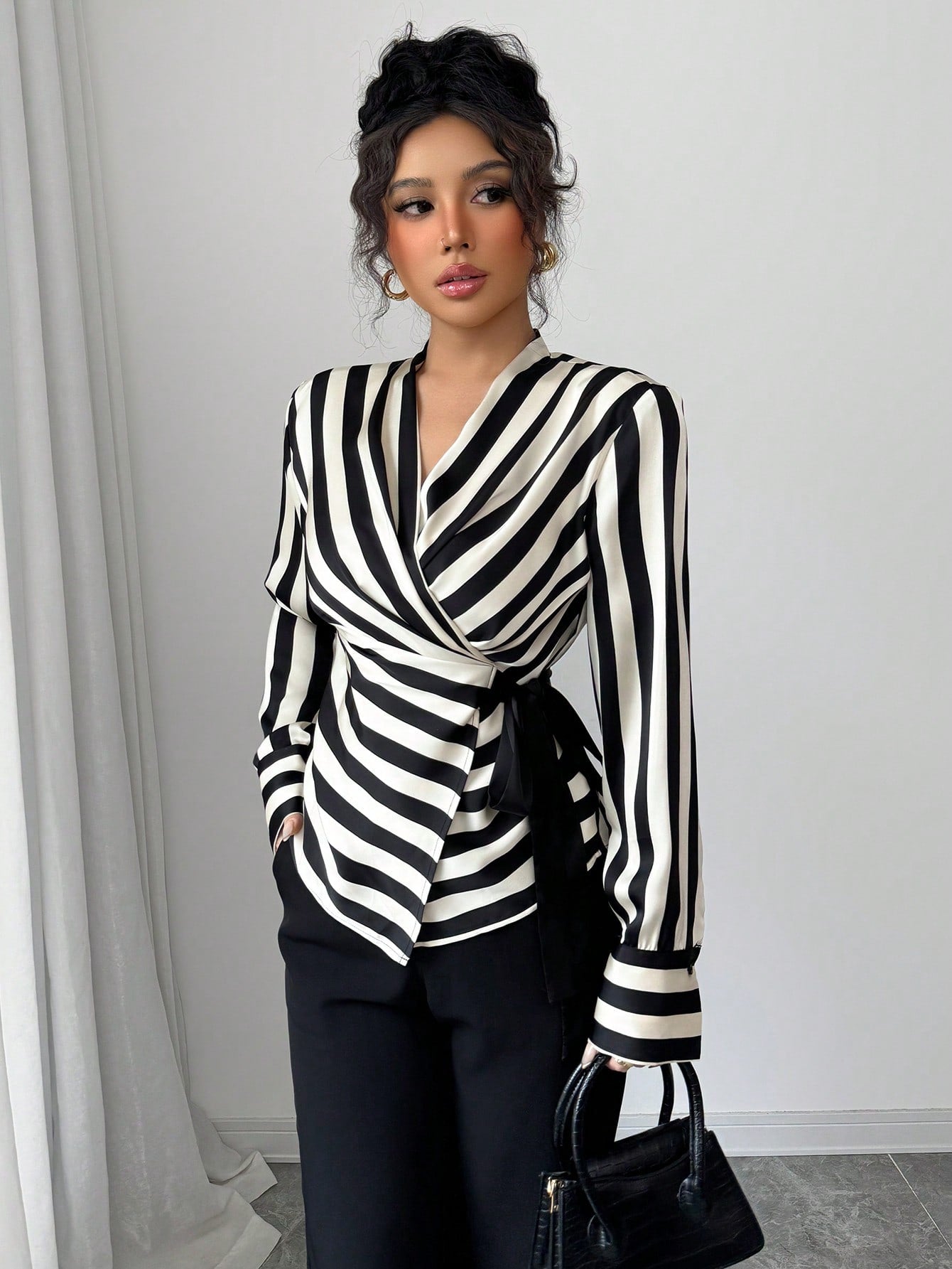 Women's Elegant Black White Striped Wrap Blouse, Tie Side Long Sleeve Top For Office Going Out Party Casual