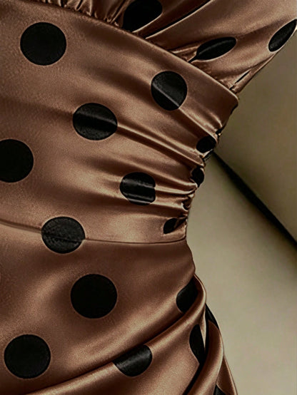 Women's Elegant Champagne Polka Dot Elastic Spaghetti Strap Cup-Shaped Ruched Waist Bodycon Mini Dress