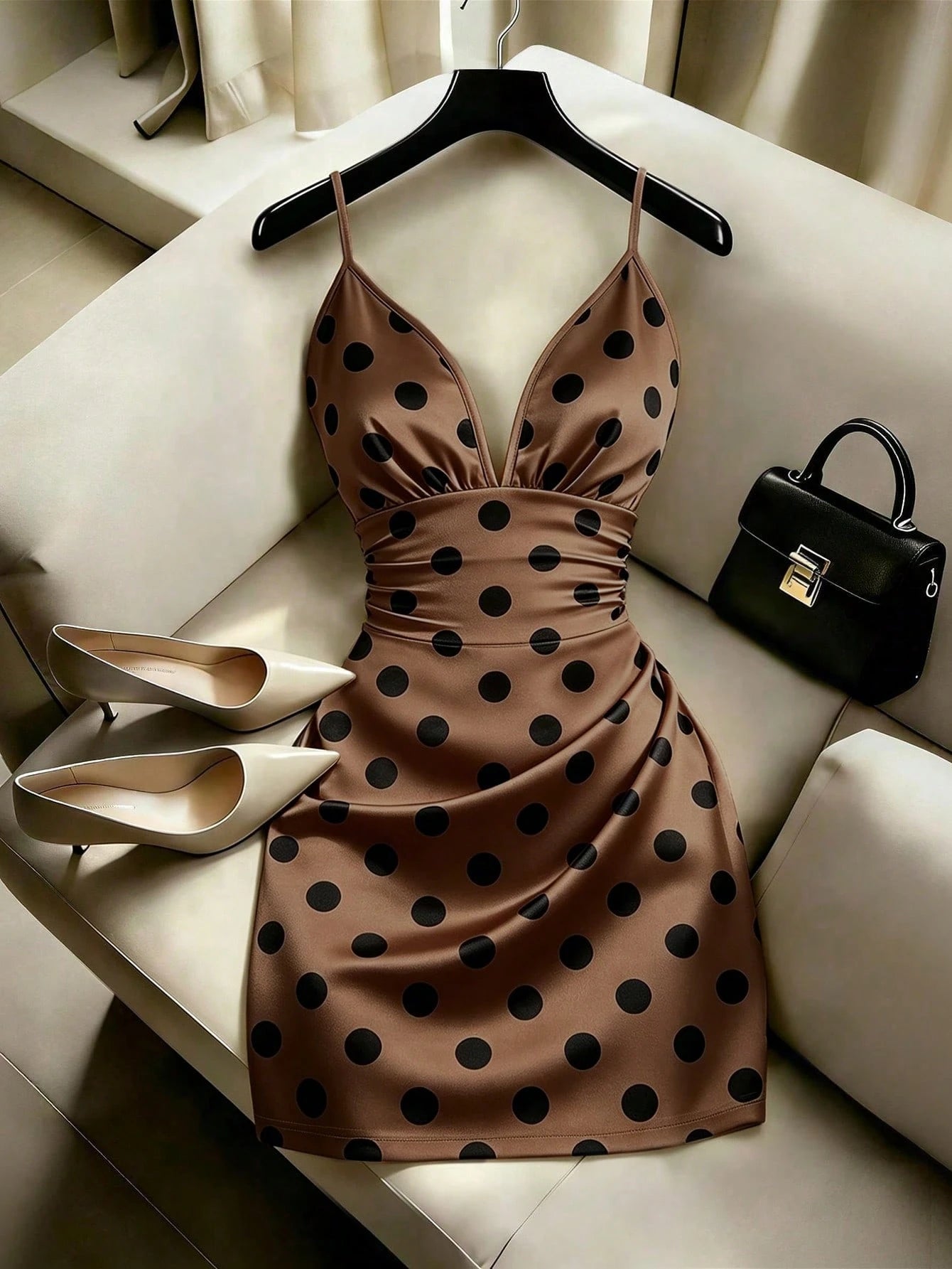 Women's Elegant Champagne Polka Dot Elastic Spaghetti Strap Cup-Shaped Ruched Waist Bodycon Mini Dress
