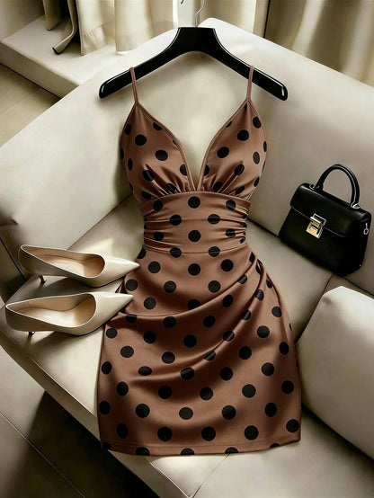 Women's Elegant Champagne Polka Dot Elastic Spaghetti Strap Cup-Shaped Ruched Waist Bodycon Mini Dress