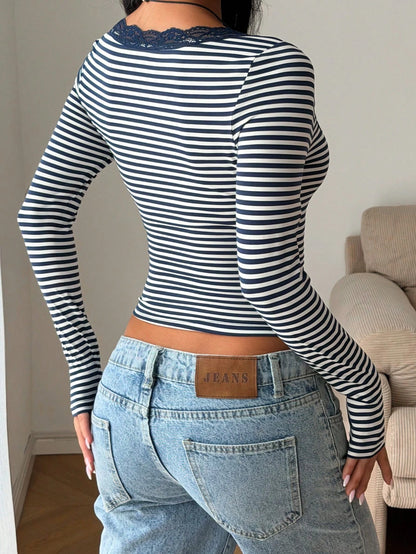 Women's Elegant Elegant Vacation Striped Slim Fit Lace Patchwork Top