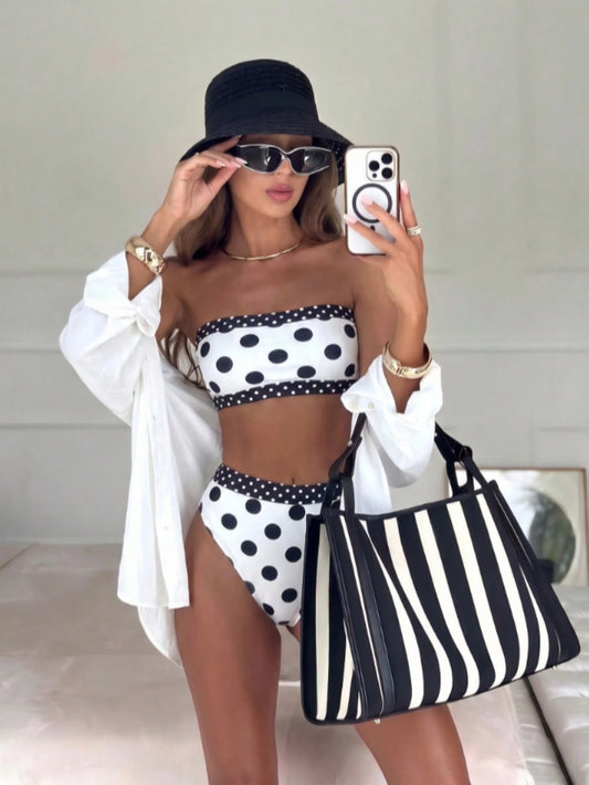 Women's Elegant Halter Polka Dot Swimsuit Set For Summer, Ideal For Spring And Summer Beach Vacations, Seaside Activities And Holiday Wear.