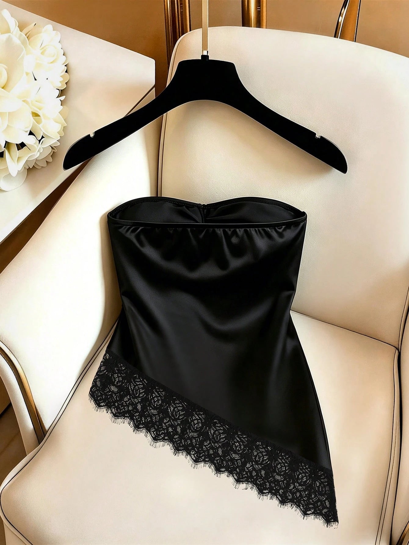 Women's Elegant Lace Asymmetrical Hem Bandeau Twist Satin Top, Black Top, Lace Top, Bandeau Top, Casual Top, Elegant Top, Workwear, Commuter, Social Top/Office Top, Beachwear, Summer Top, Outing