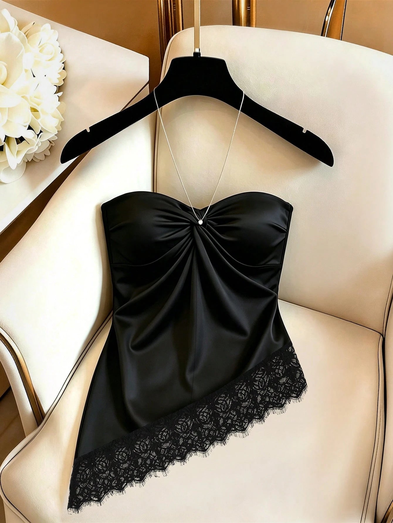 Women's Elegant Lace Asymmetrical Hem Bandeau Twist Satin Top, Black Top, Lace Top, Bandeau Top, Casual Top, Elegant Top, Workwear, Commuter, Social Top/Office Top, Beachwear, Summer Top, Outing