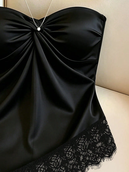 Women's Elegant Lace Asymmetrical Hem Bandeau Twist Satin Top, Black Top, Lace Top, Bandeau Top, Casual Top, Elegant Top, Workwear, Commuter, Social Top/Office Top, Beachwear, Summer Top, Outing
