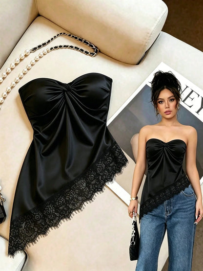 Women's Elegant Lace Asymmetrical Hem Bandeau Twist Satin Top, Black Top, Lace Top, Bandeau Top, Casual Top, Elegant Top, Workwear, Commuter, Social Top/Office Top, Beachwear, Summer Top, Outing