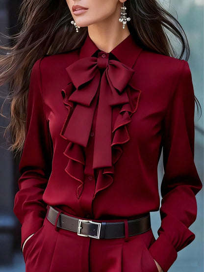 Women's Elegant Long Sleeve Blouse, Wine Red With Tie Collar, Ruffle And Bow Details, Regular Fit Top, Suitable For Work, Spring, Autumn