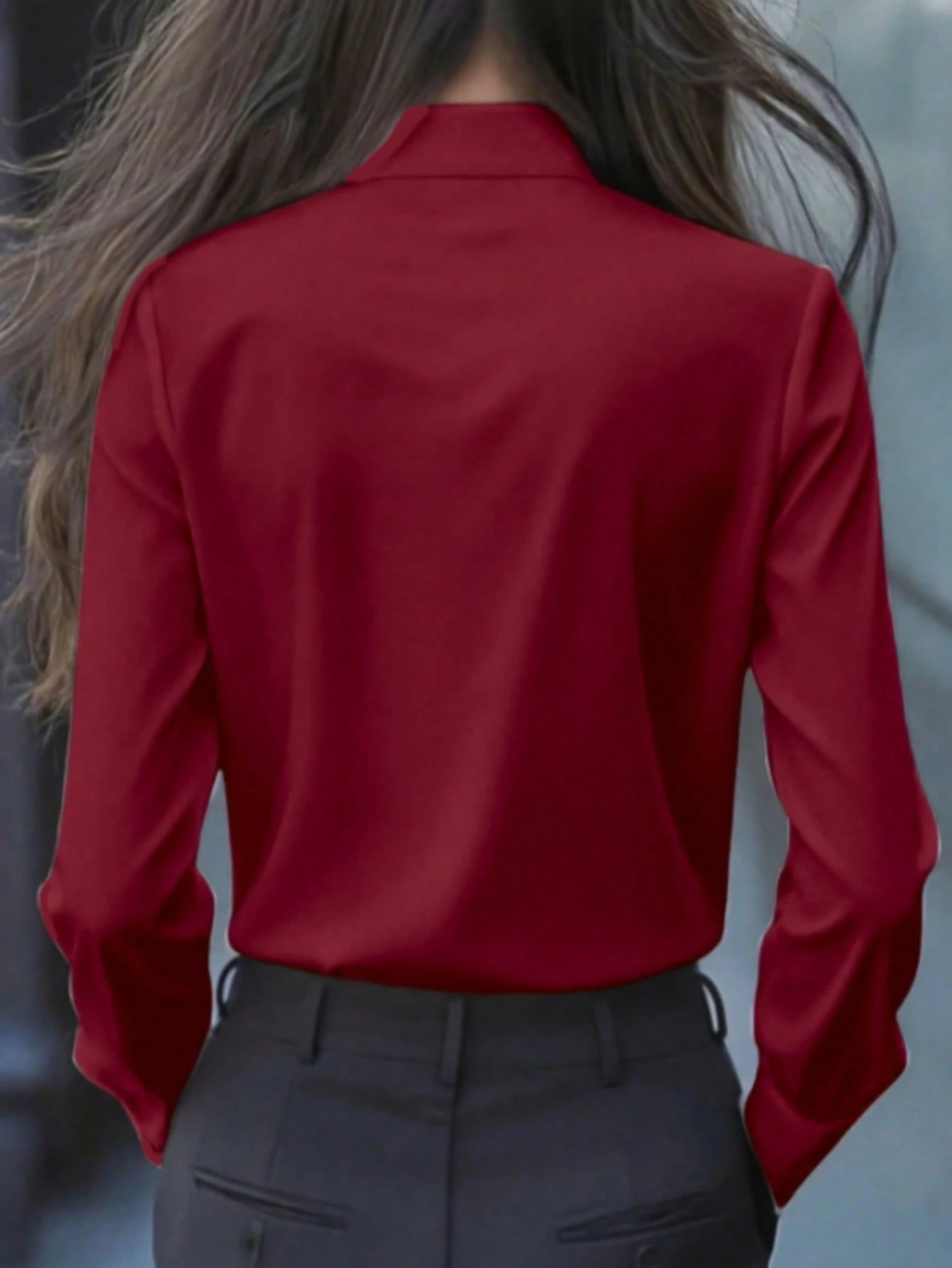 Women's Elegant Long Sleeve Blouse, Wine Red With Tie Collar, Ruffle And Bow Details, Regular Fit Top, Suitable For Work, Spring, Autumn