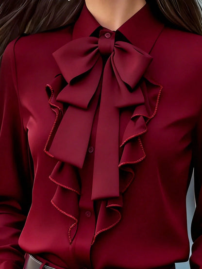 Women's Elegant Long Sleeve Blouse, Wine Red With Tie Collar, Ruffle And Bow Details, Regular Fit Top, Suitable For Work, Spring, Autumn