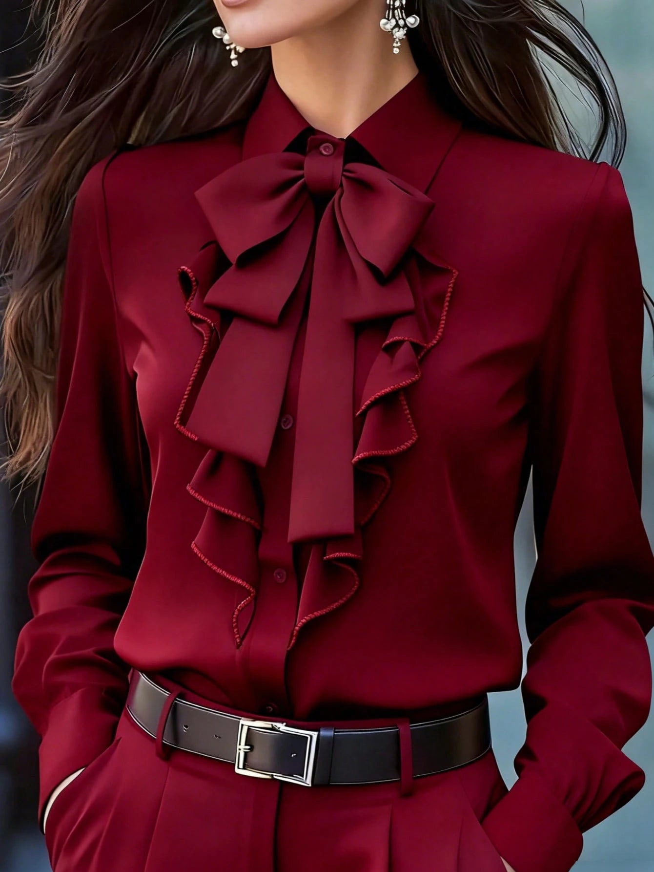 Women's Elegant Long Sleeve Blouse, Wine Red With Tie Collar, Ruffle And Bow Details, Regular Fit Top, Suitable For Work, Spring, Autumn